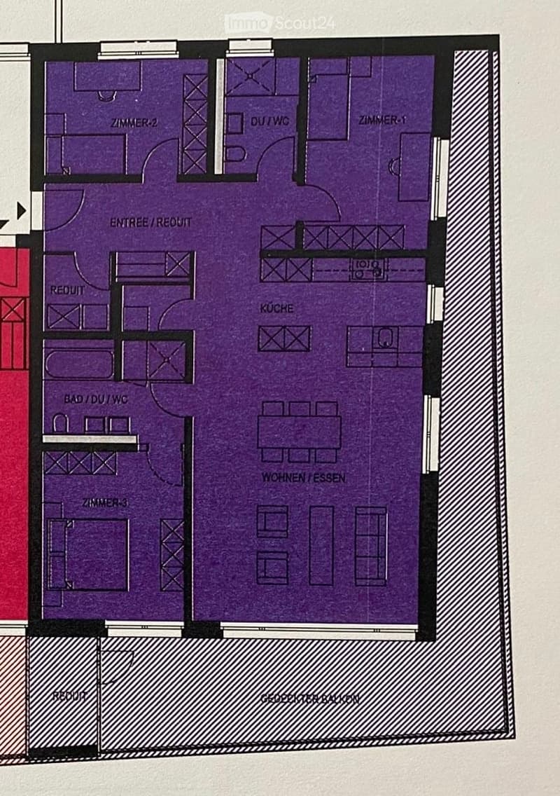 Floor plan of a house with three bedrooms, a kitchen, a living/dining area, a bathroom, and an entrance hall.