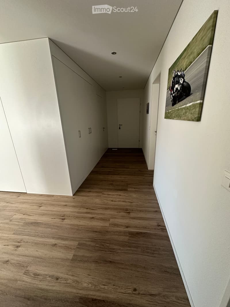 Modern hallway with light wooden flooring, white walls, and a large framed picture on the right side.