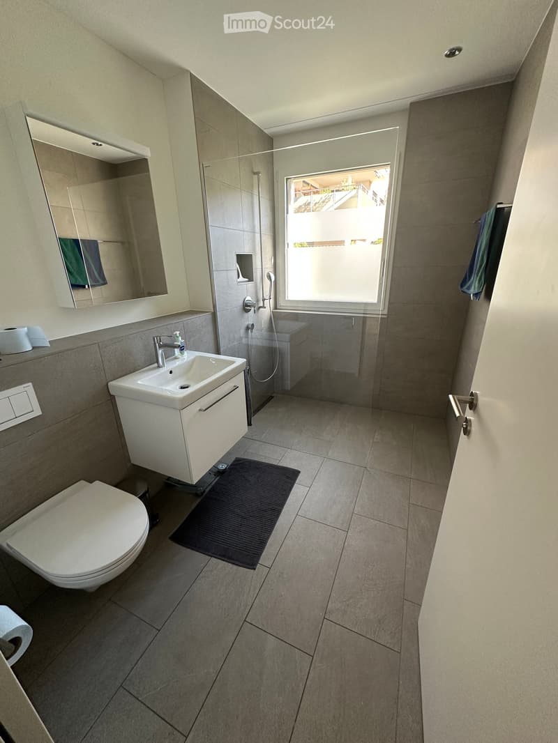 Modern bathroom with a white sink, toilet, mirror, and glass-enclosed shower. Features a dark bath mat and a window with a view of the balcony.
