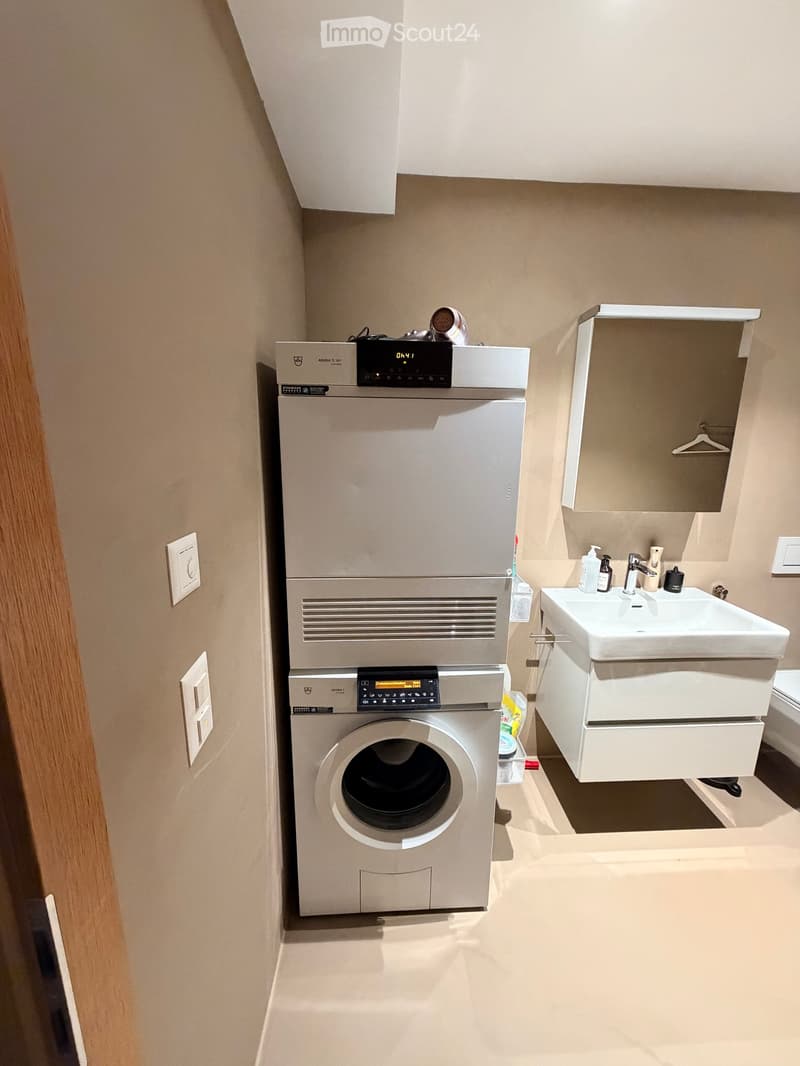 Compact bathroom with a washing machine, a sink with a faucet, and a small cabinet.