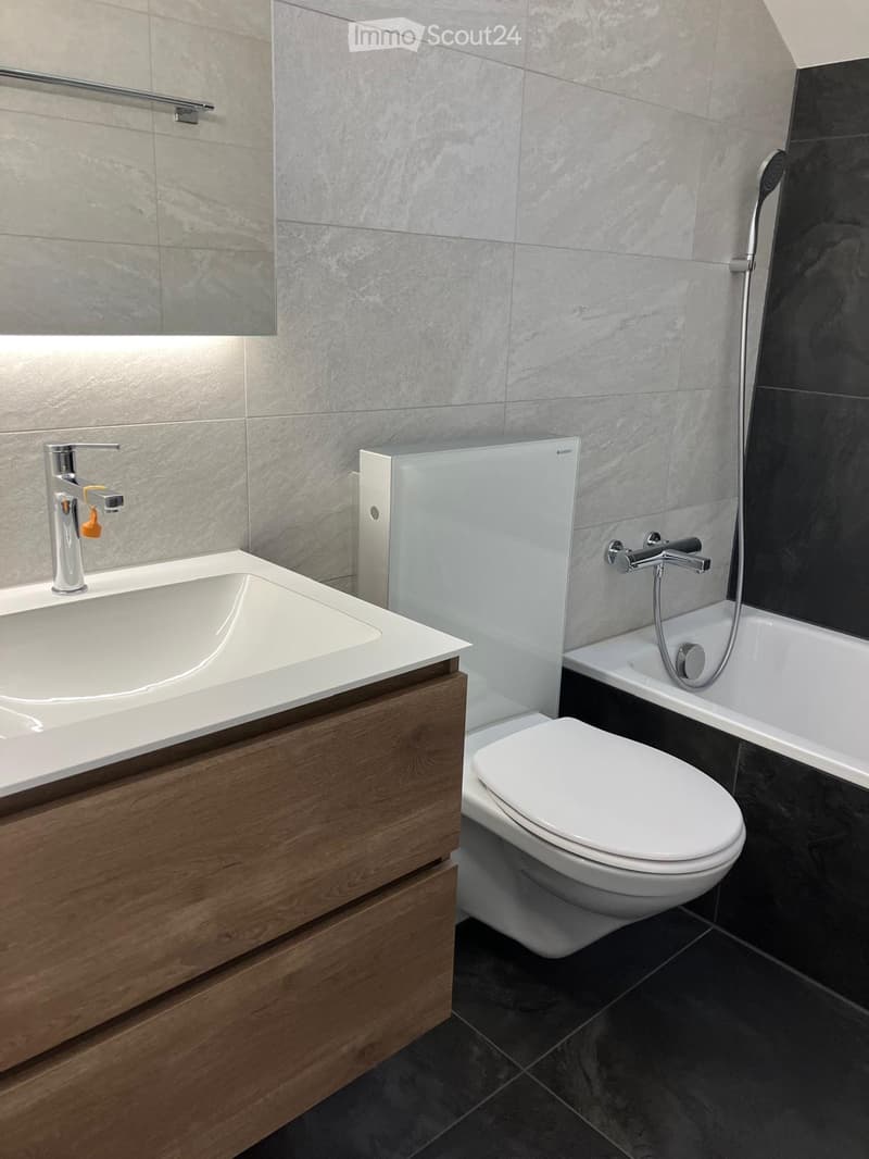 Modern bathroom with a white sink, wooden cabinet, toilet, bathtub, and glass shower enclosure. Grey tiles on walls and black tiles on floor.