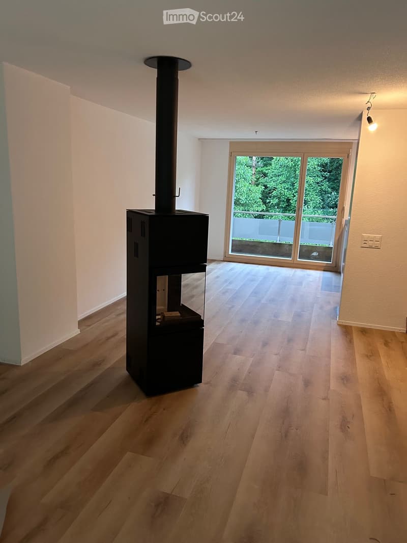 empty room, fireplace, sliding glass door, balcony, wooden floor