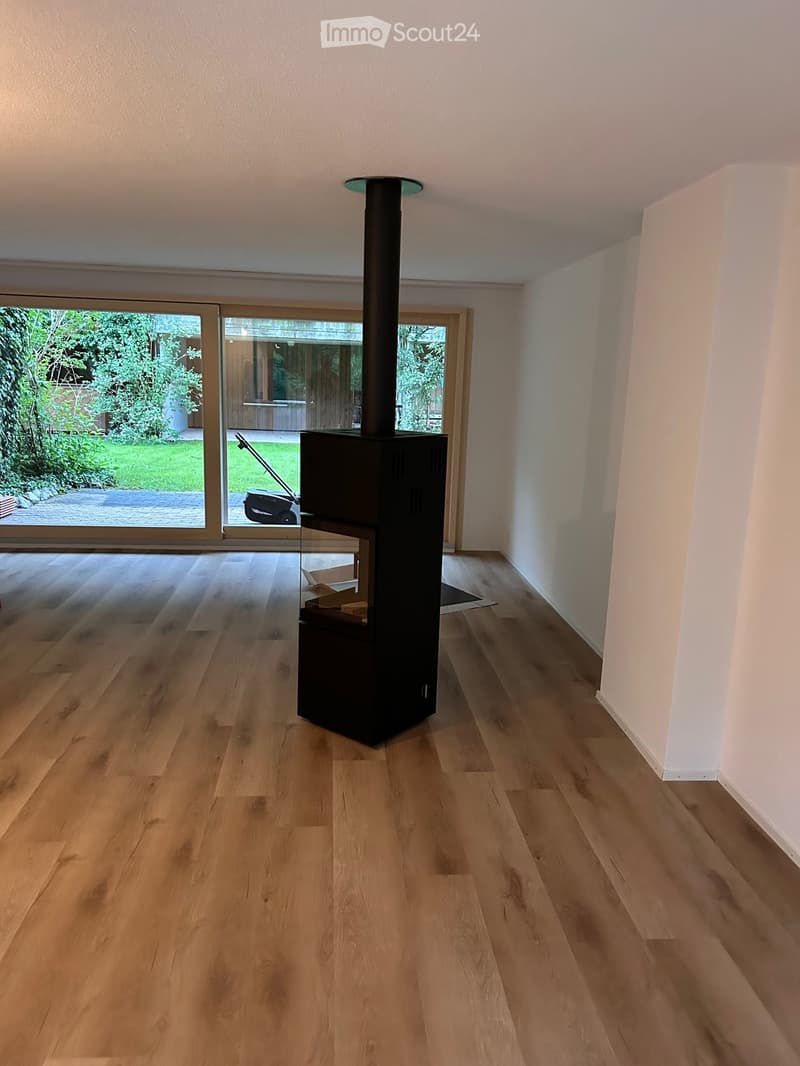 wooden floor, black fireplace, glass door, garden view