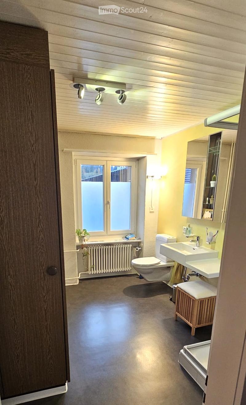 modern bathroom with shower, toilet, sinks, radiator, and wooden cabinet