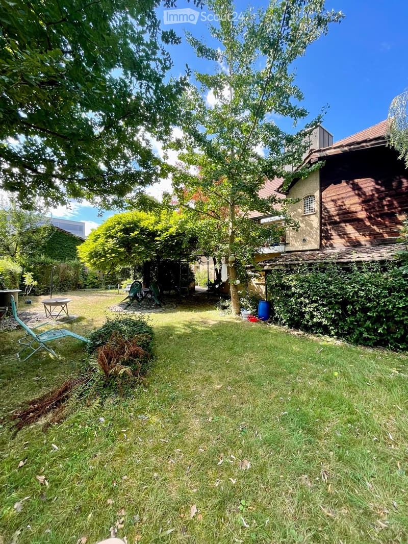 A well-maintained garden with a grassy lawn, trees, and outdoor furniture including chairs and a small table. A wooden shed and a small building are visible in the background.