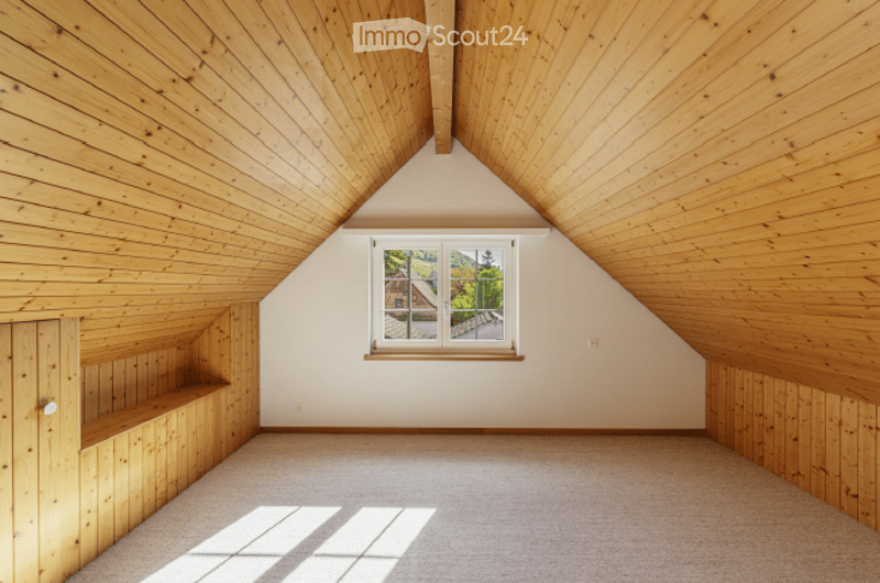 Empty attic room with wooden walls and ceiling, large window showing outdoor view, built-in wooden shelf on one side.