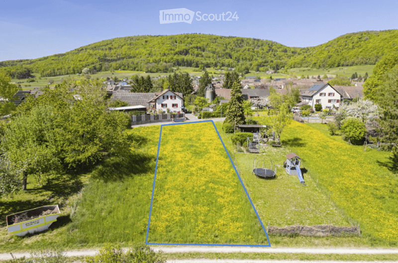 Aerial view of a rural garden area with a grassy lawn, surrounded by trees and houses in the background.