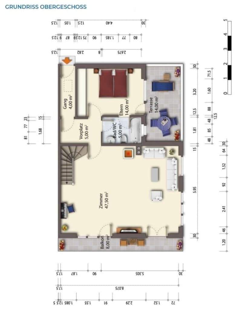 Floor plan of an upper floor showing a bedroom, living area, kitchen, and bathroom. Includes dimensions and room labels.