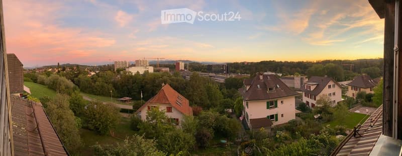 Balcony view overlooking a suburban neighborhood with houses, trees, and distant cityscape at sunset.