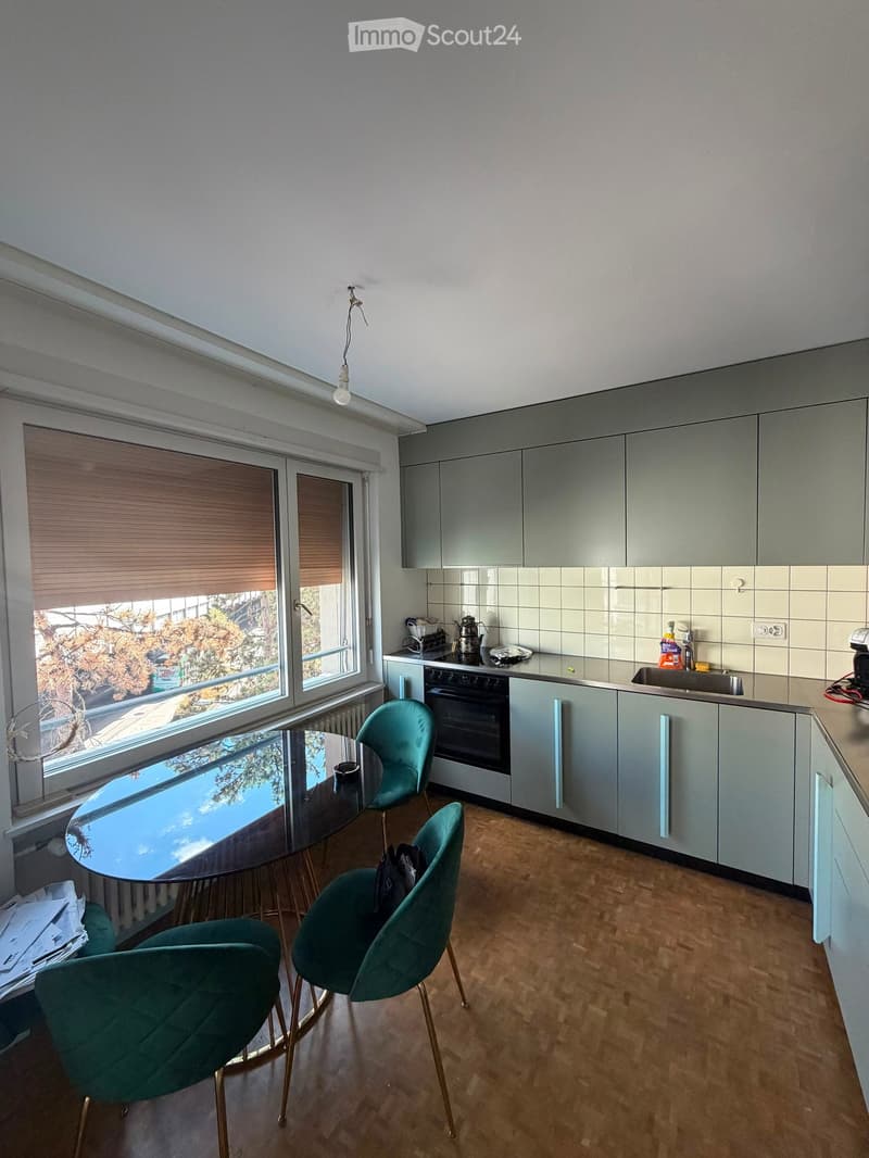 Modern kitchen with grey cabinets, a glass dining table, teal chairs, and a view of the outdoors through large windows.