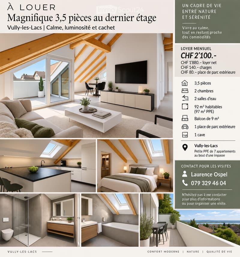 Modern attic apartment with exposed wooden beams, large windows, and skylights. Features include a living room with a sofa, coffee table, and TV, a kitchen with an island, a bedroom with a bed and nightstand, and a bathroom with a sink and bathtub. The ba