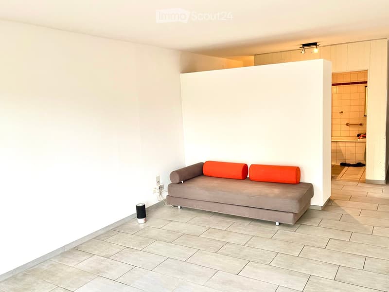A modern, minimalist living room with a grey sofa, orange cushions, a speaker, and a visible bathroom area with a sink and tiled walls.