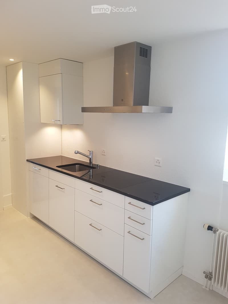 Modern kitchen with white cabinets, black countertop, stainless steel sink and faucet, and built-in range hood.