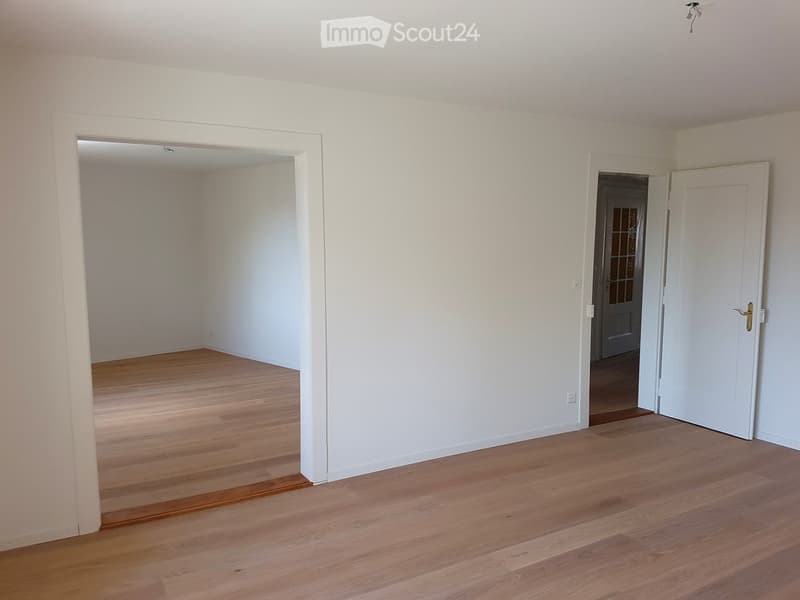 Empty room with light wooden flooring and white walls, featuring two open doorways leading to adjacent spaces.