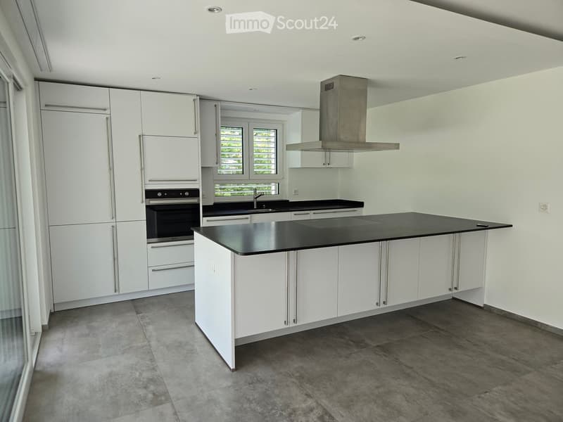 Modern kitchen with white cabinets, black countertops, stainless steel appliances, and a central island.