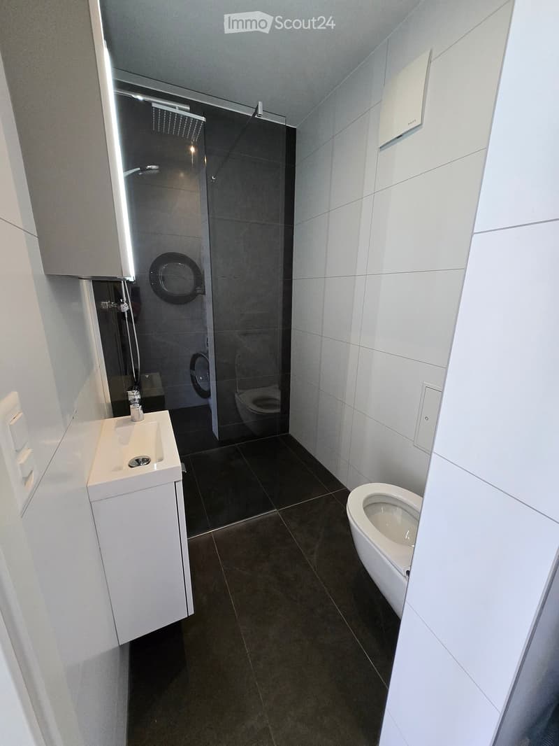 Modern bathroom with white tiles, a sink, toilet, and a glass-enclosed shower area.