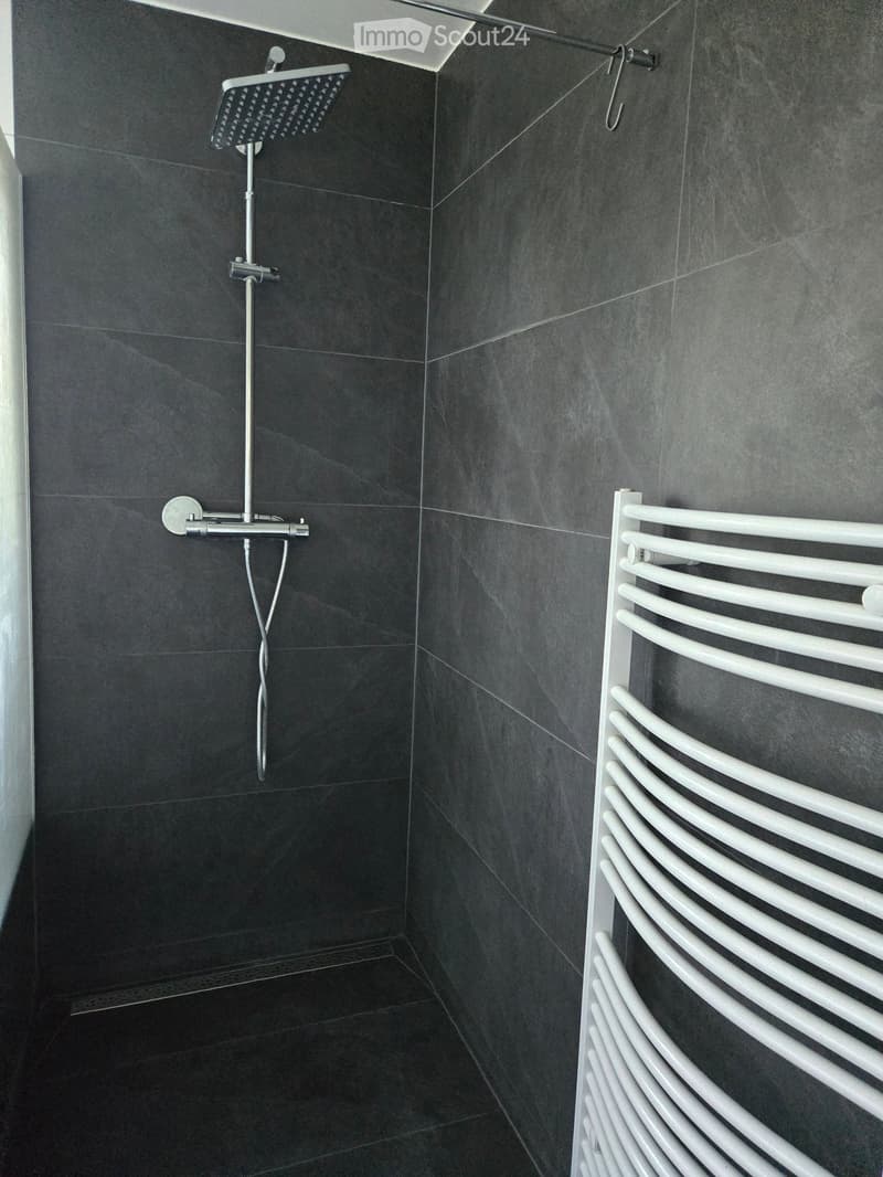 Modern shower area with dark grey tiles, a handheld showerhead, a faucet, and a white radiator on the wall.