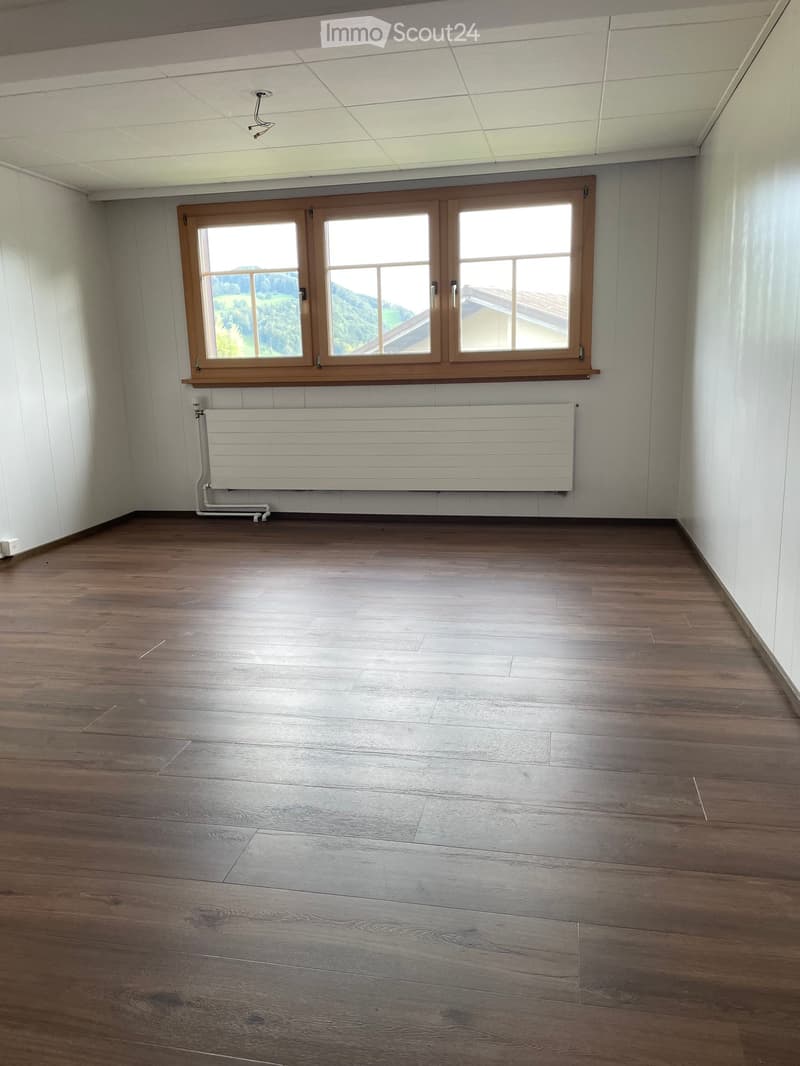 Empty room with wooden flooring, white walls, large windows with wooden frames, and a radiator below the windows.