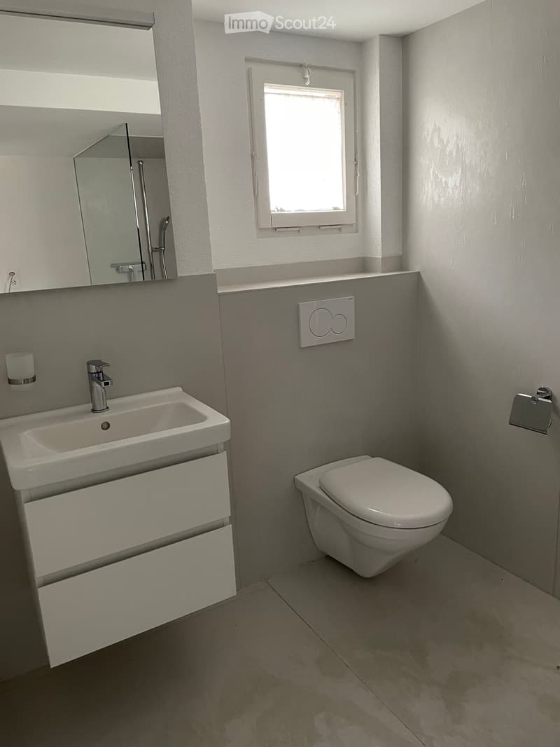 Modern bathroom with a white sink, toilet, mirror, and a small window letting in natural light.
