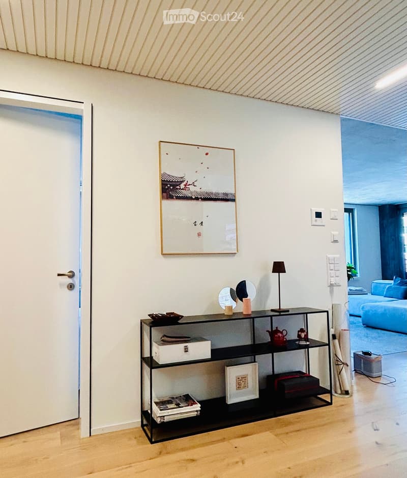Modern, minimalist room with a black shelving unit holding various decorative items, a lamp, and a painting on the wall. The room features light wooden flooring and a white door.