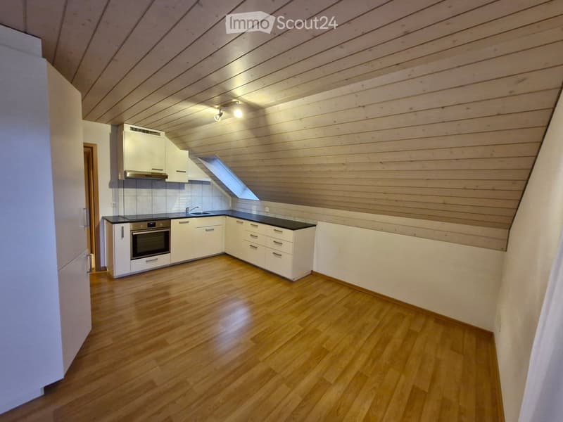 Modern kitchen with white cabinets, black countertops, wooden flooring, and built-in oven. Features a skylight window and recessed lighting.