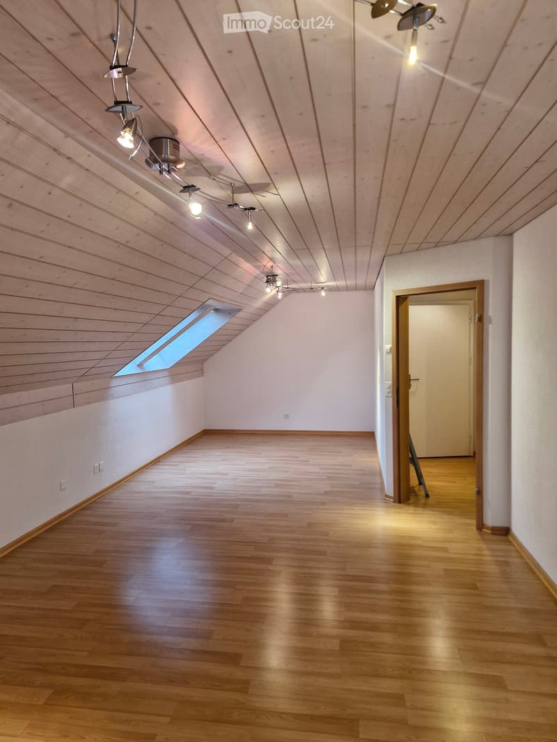 Empty room with wooden flooring, white walls, and a skylight window. The ceiling features wooden paneling and multiple hanging light fixtures.