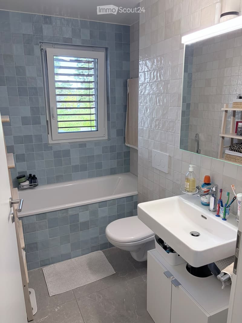 Modern bathroom with blue tiled walls, a bathtub, toilet, sink, and a large mirror above the sink. The sink has a faucet, toothbrush holder, and soap dispenser. A towel hangs on a rack, and a small shelf holds various toiletries.