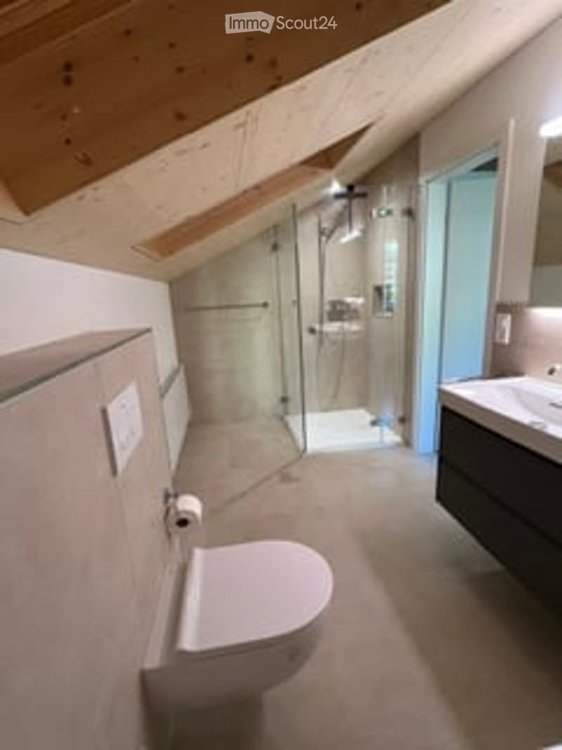 Modern bathroom with a toilet, sink, mirror, and a glass-enclosed shower stall. The room features a sloped wooden ceiling and neutral-colored tiles.