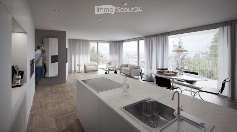 Modern open-plan living and dining area with a kitchen island, sofa, chairs, and a dining table. The space features large windows with curtains, a sleek kitchen setup, and contemporary decor.