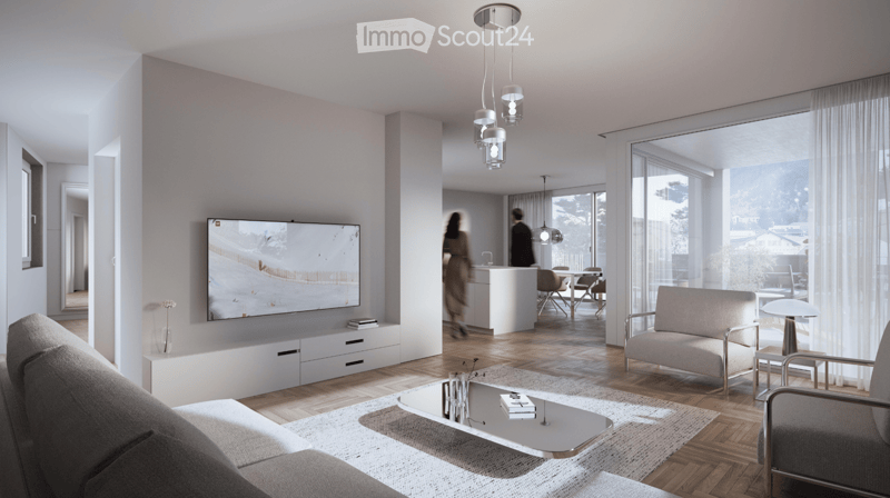 modern living room with large windows, flat screen TV, white furniture, wooden floor, glass table, pendant lights