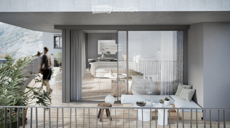 Balcony with wooden floor, metal railing, glass sliding doors, white furniture, plants, view of the mountains