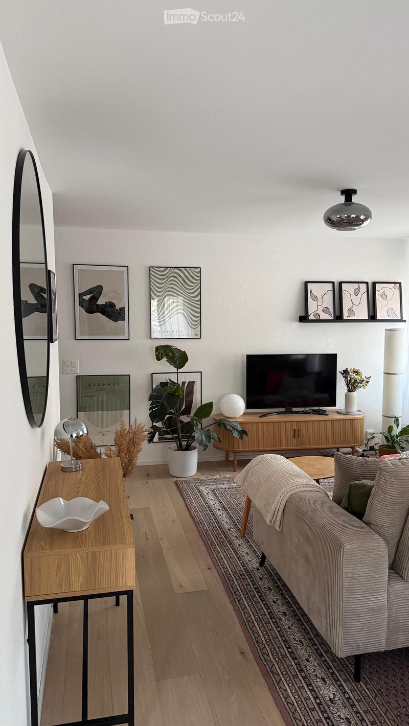 Modern living room with light wooden flooring, a grey sofa, a coffee table, a television on a wooden stand, a side table with a lamp, a large mirror, and several decorative plants and picture frames.