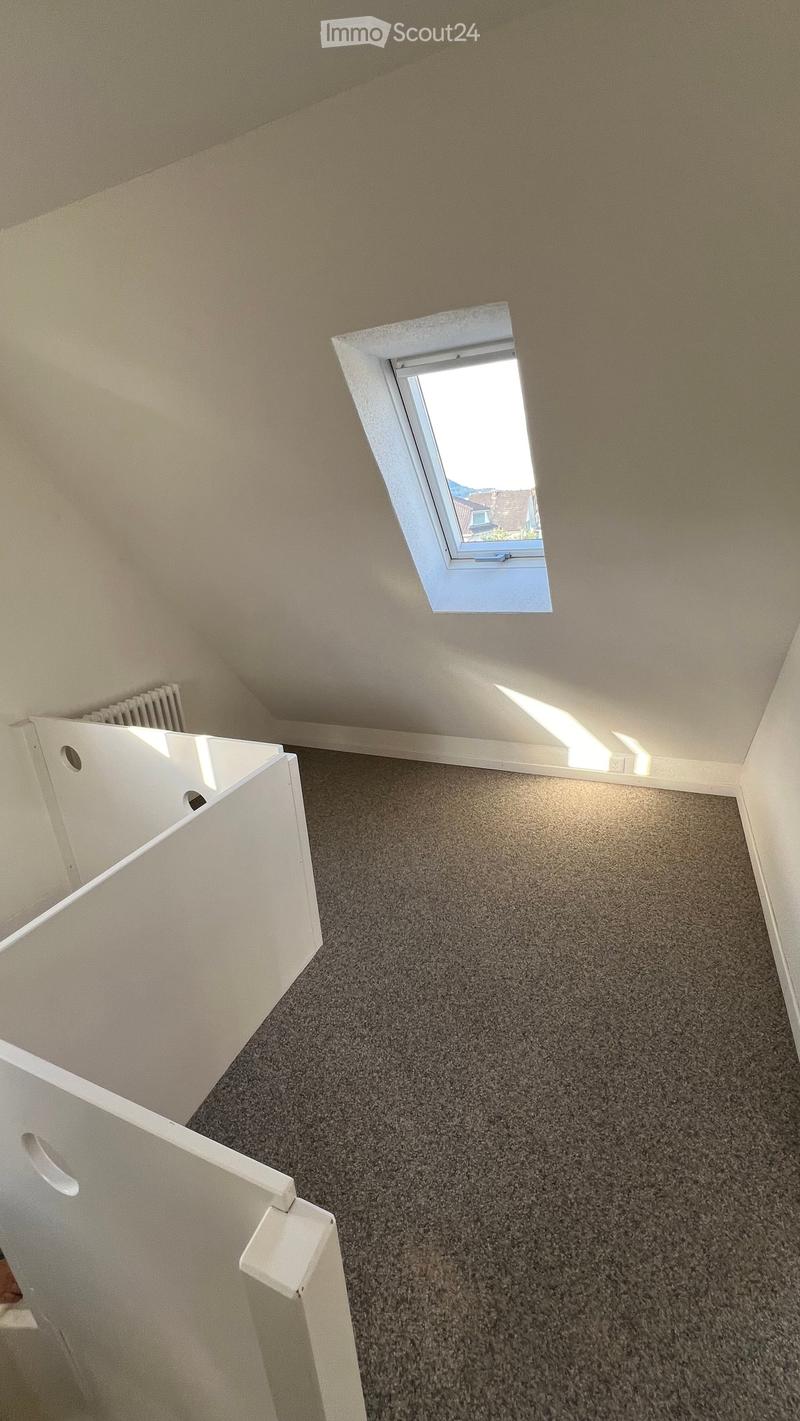 Empty room with grey carpet, white walls, and a skylight window at the top.