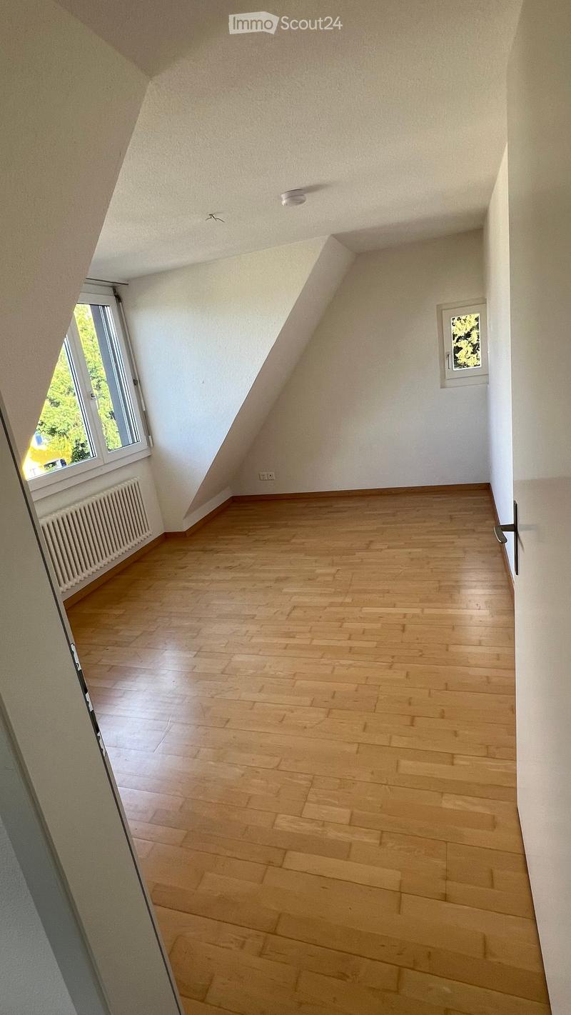 Empty attic room with wooden flooring, white walls, and a skylight window. No furniture or equipment present.