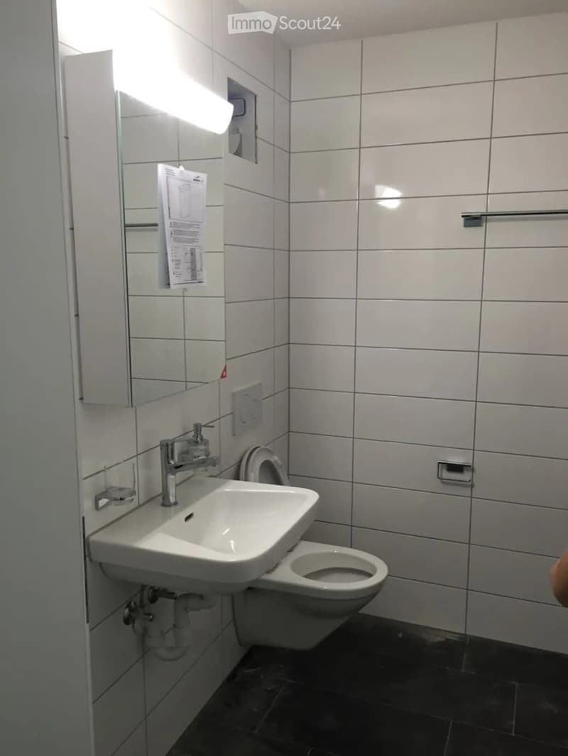 Modern bathroom with white tiled walls, a white sink, a toilet, and a mirror. The sink has a chrome faucet, and the toilet is positioned next to the sink.