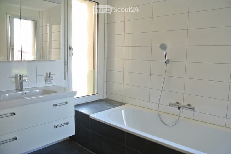 Modern bathroom with white tiles, a white sink with a chrome faucet, a bathtub with a handheld showerhead, and a large mirror above the sink.