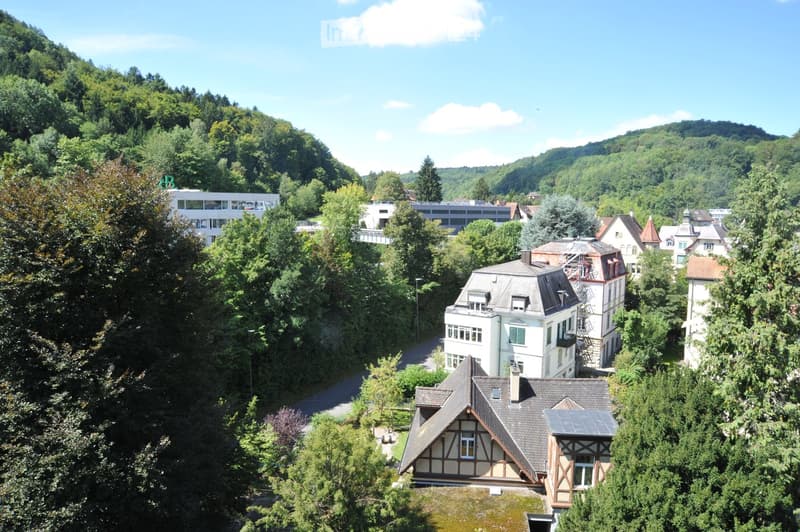 Aerial view of a residential area surrounded by lush green trees and hills, featuring multiple houses with varied architectural styles and a modern building in the background.