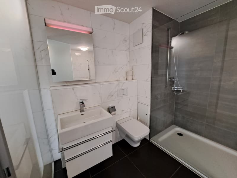 Modern bathroom with white marble tiles, a sink with a mirror, a toilet, and a glass-enclosed shower area.
