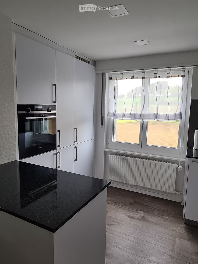 Modern kitchen with white cabinets, black countertop, built-in oven, radiator, and large window with blinds.