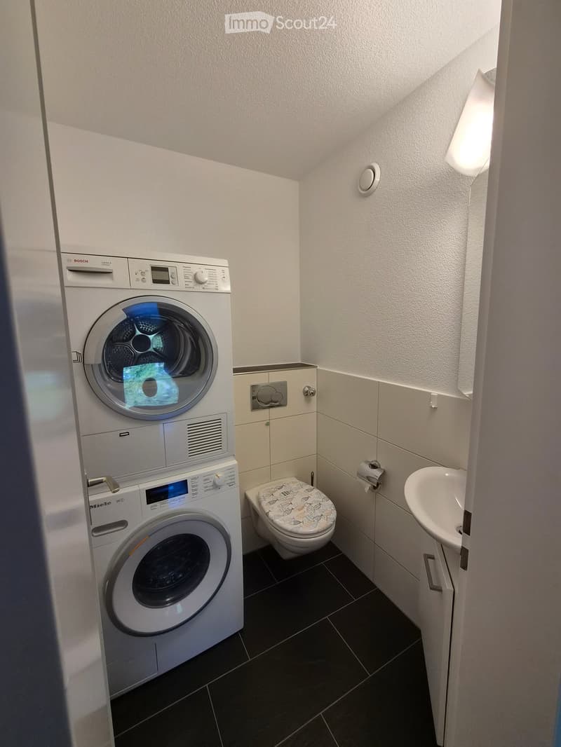 Modern bathroom with a washing machine, toilet, and sink, featuring dark tiled flooring and white walls.