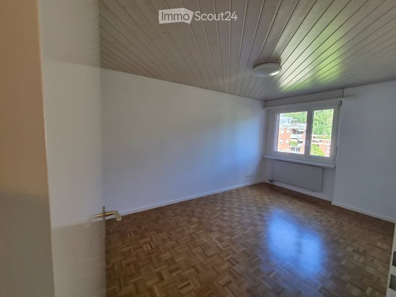 Empty room with wooden herringbone flooring, white walls, and a large window with a view of greenery and buildings. The room features a radiator below the window and a modern ceiling light fixture.