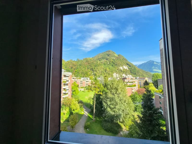 View from a balcony showing a park area with trees, pathways, and surrounding buildings, with mountains in the background under a clear blue sky.