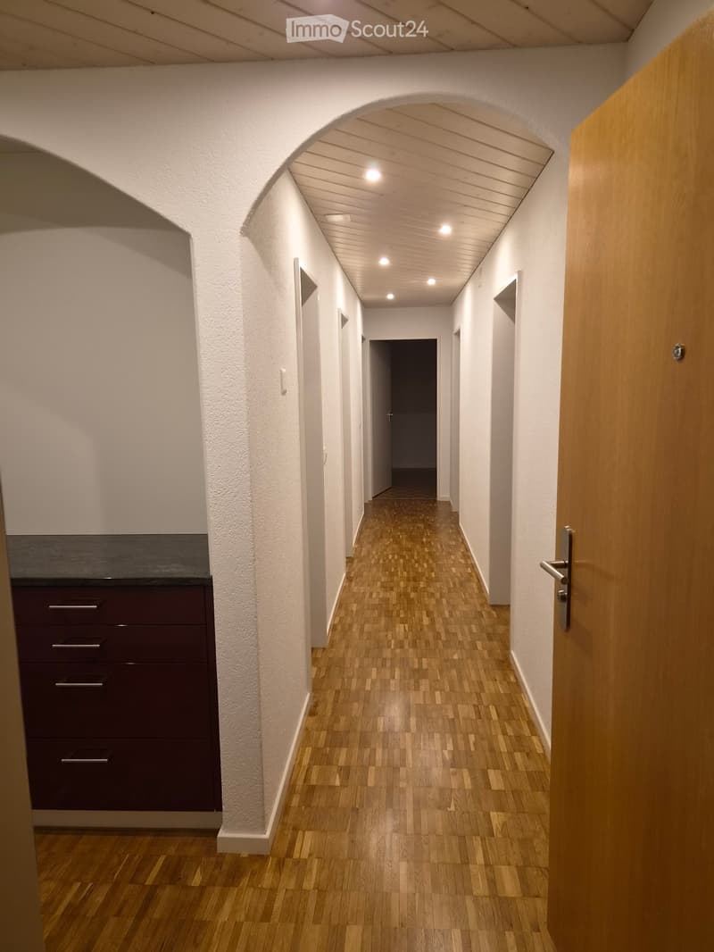 A long, narrow hallway with wooden flooring, white walls, and recessed lighting. Features an arched ceiling and several doors along the sides.