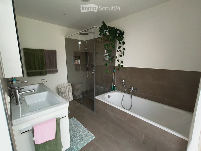 Modern bathroom with a double sink, bathtub, glass-enclosed shower, and decorative plant. Features tiled walls and floor, towels, and a mirror.