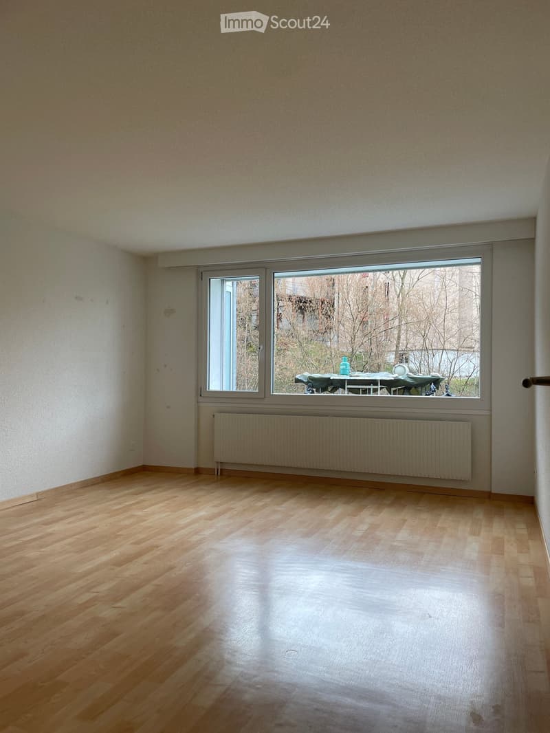 Empty room with wooden flooring, white walls, and a large window with a radiator below it.