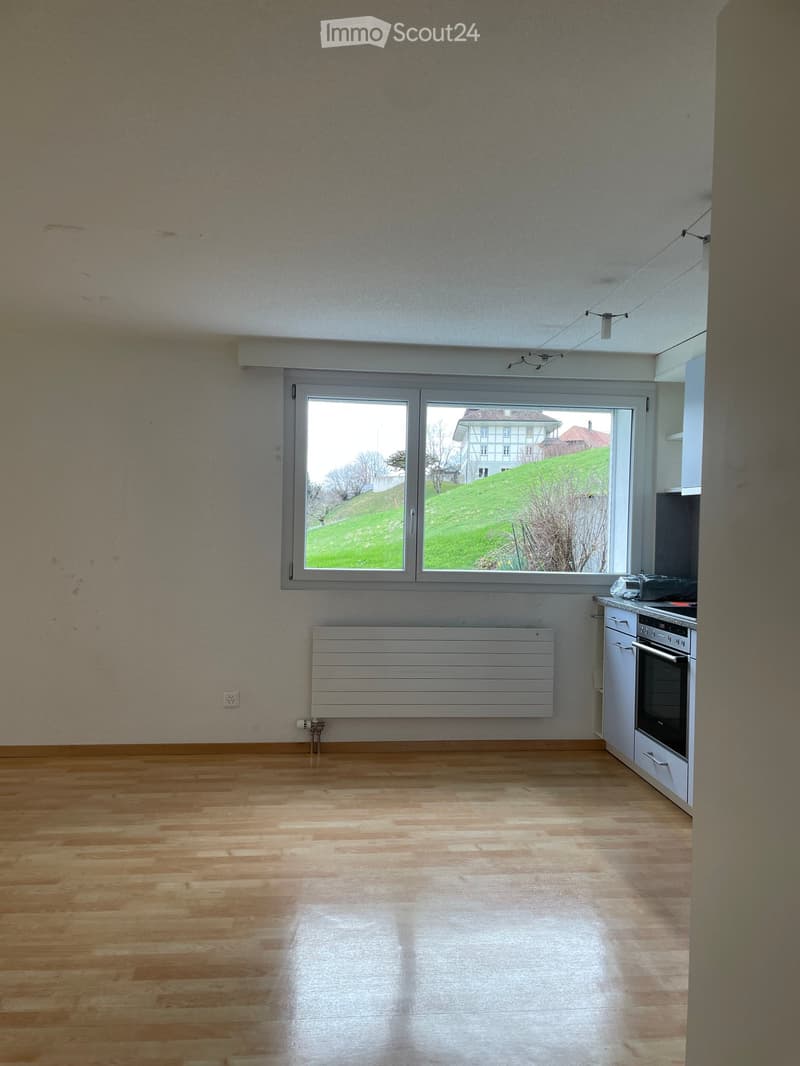Empty room with wooden flooring, large window showing a green hill and house outside, radiator on wall, and small built-in kitchen area with oven and countertop.