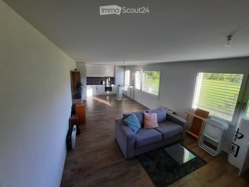 Open-plan living and dining area with a grey sofa, coffee table, and a small kitchen area with white cabinets and an oven. The space features wooden flooring and large windows with blinds.