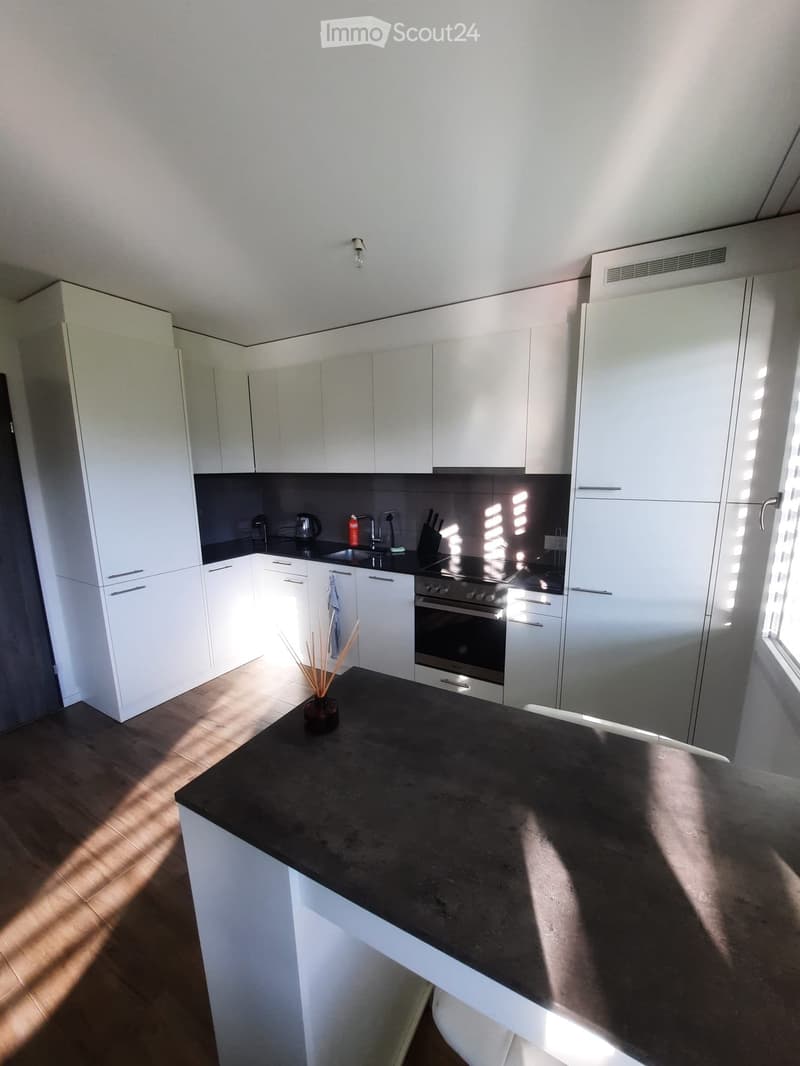 Modern kitchen with white cabinets, dark countertop, built-in oven, sink, and various small appliances.