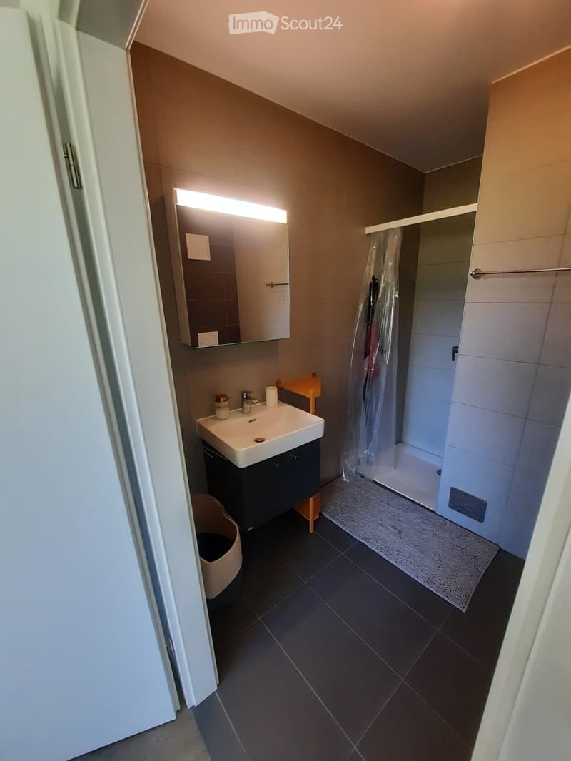 Modern bathroom with dark tiled floor, white sink, mirror with built-in lighting, shower area with curtain, and small wooden shelf holding toiletries.
