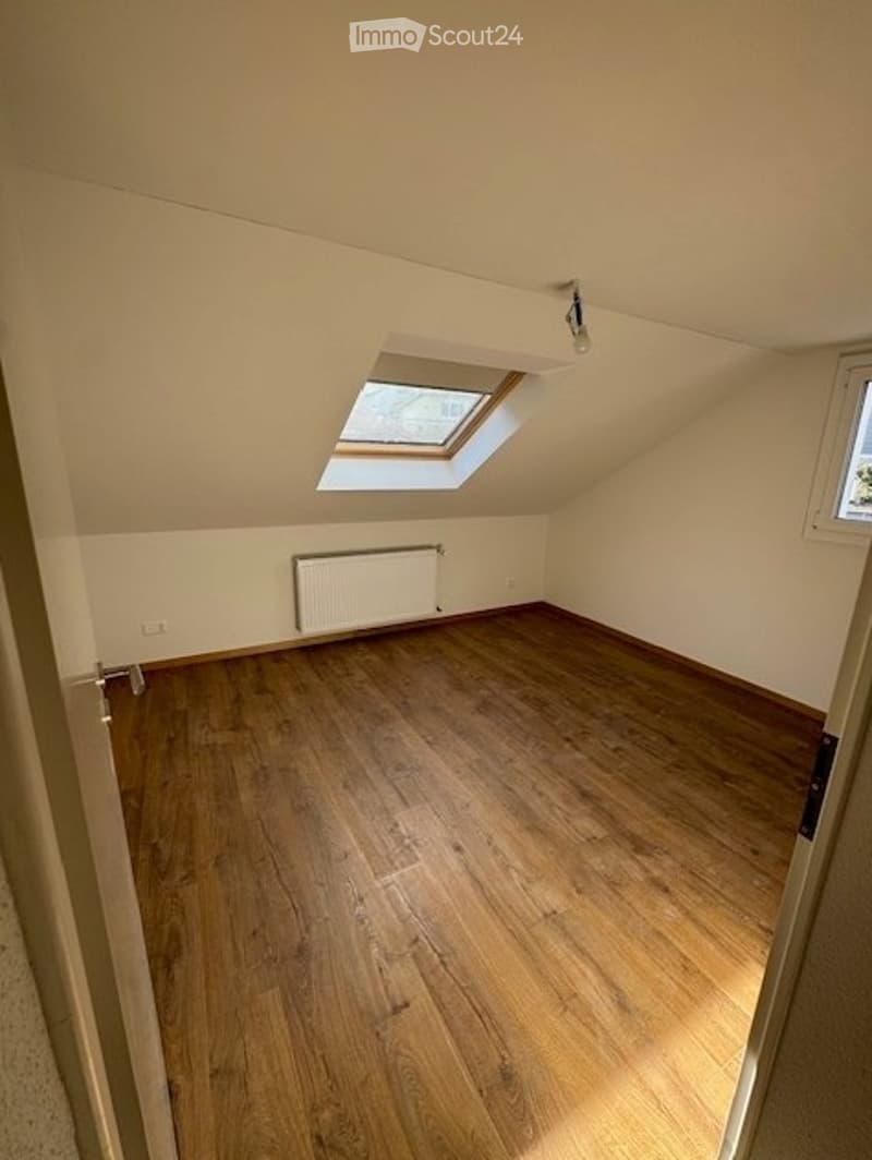 Empty attic room with wooden flooring, white walls, a skylight window, and a radiator. No furniture or equipment present.
